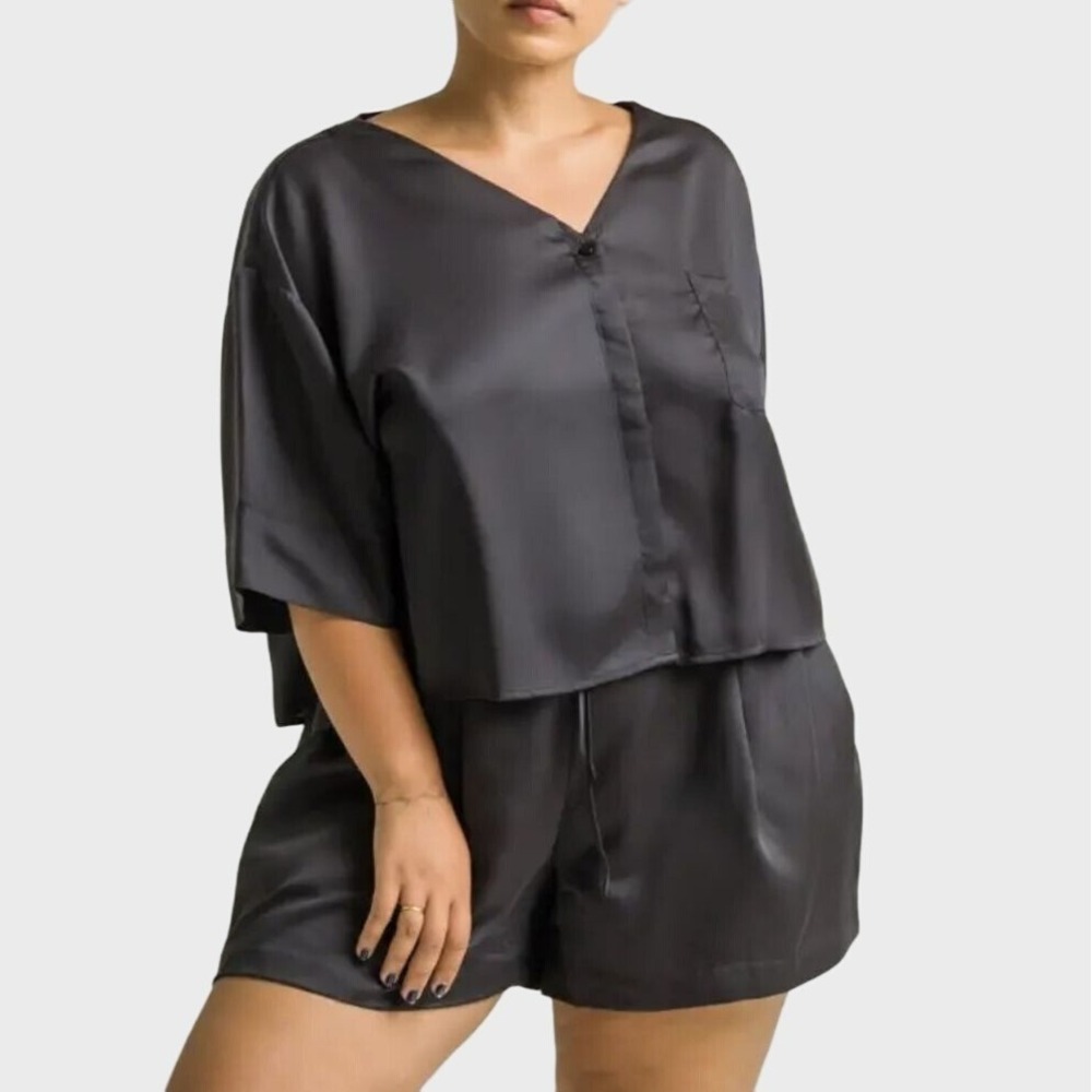 Ettitude Sateen Cropped Ovesized Lounge Top Onyx Black Luxury Bamboo sz S/M NWB